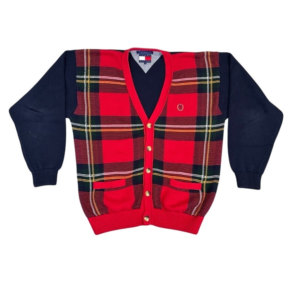 Tommy Hilfiger Vintage Red Plaid Navy Blue Cotton Knit Cardigan Sweater XL